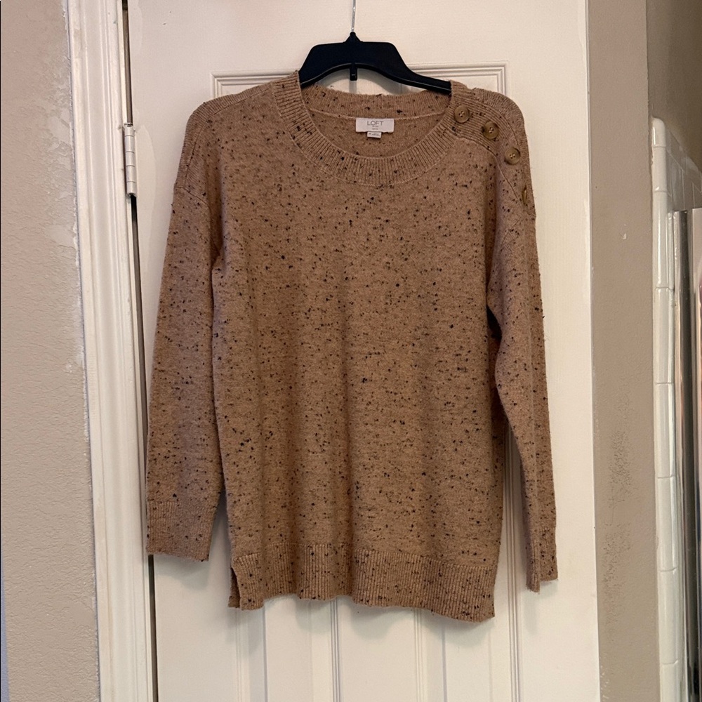 LOFT Speckled Tan Button-Shoulder Sweater